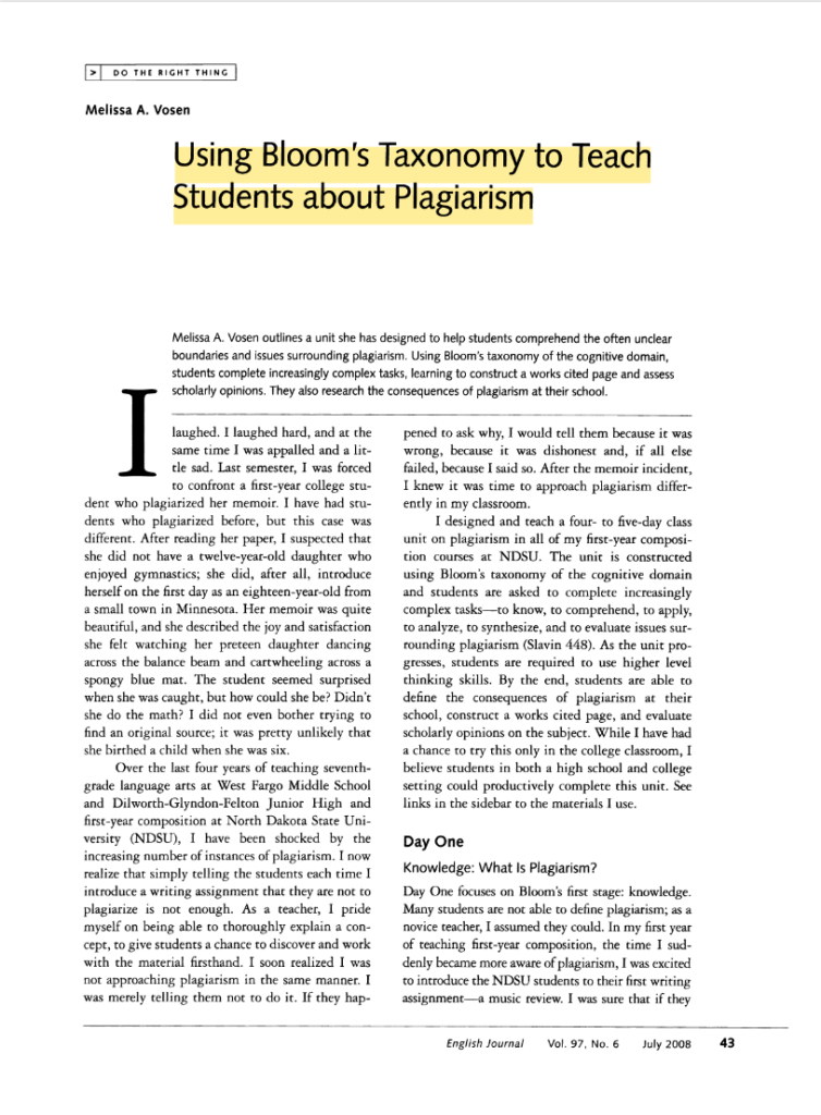 Teaching Plagiarism Through Bloom's Taxonomy